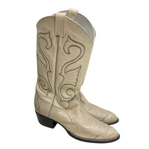 Vintage Larry Mahan Pin Quill Ostrich Cowboy Boots Size 10B Cream Wingtip USA